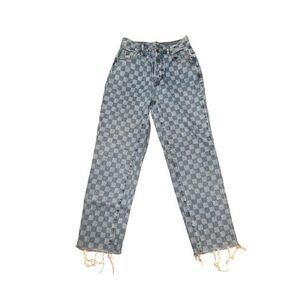 Womans checkered Pacsun mom jeans size 25 high rise straight button fly fray hem